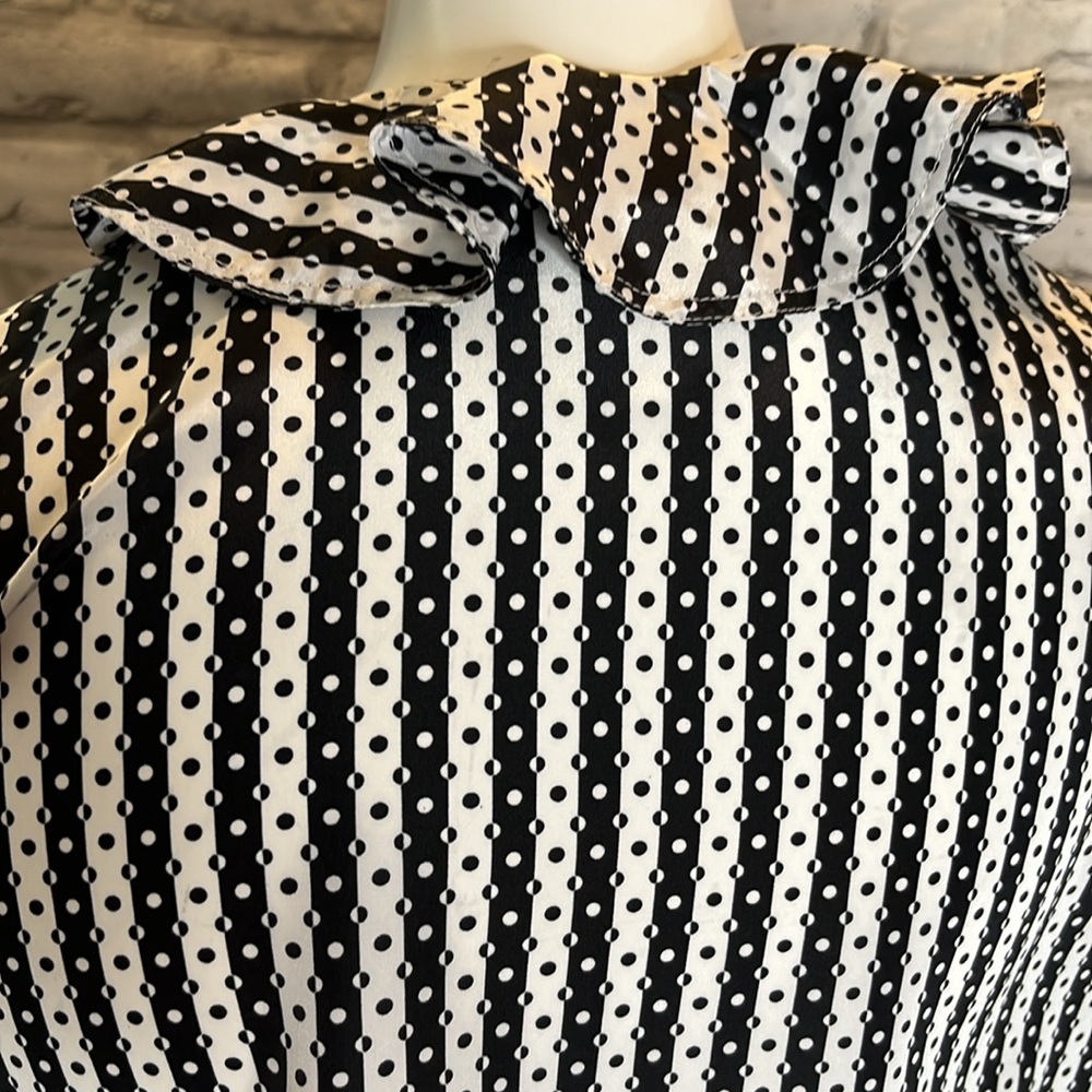 Evan Picone retro blouse black white polka dot stripe ruffle collar long sleeve - Picture 8 of 11